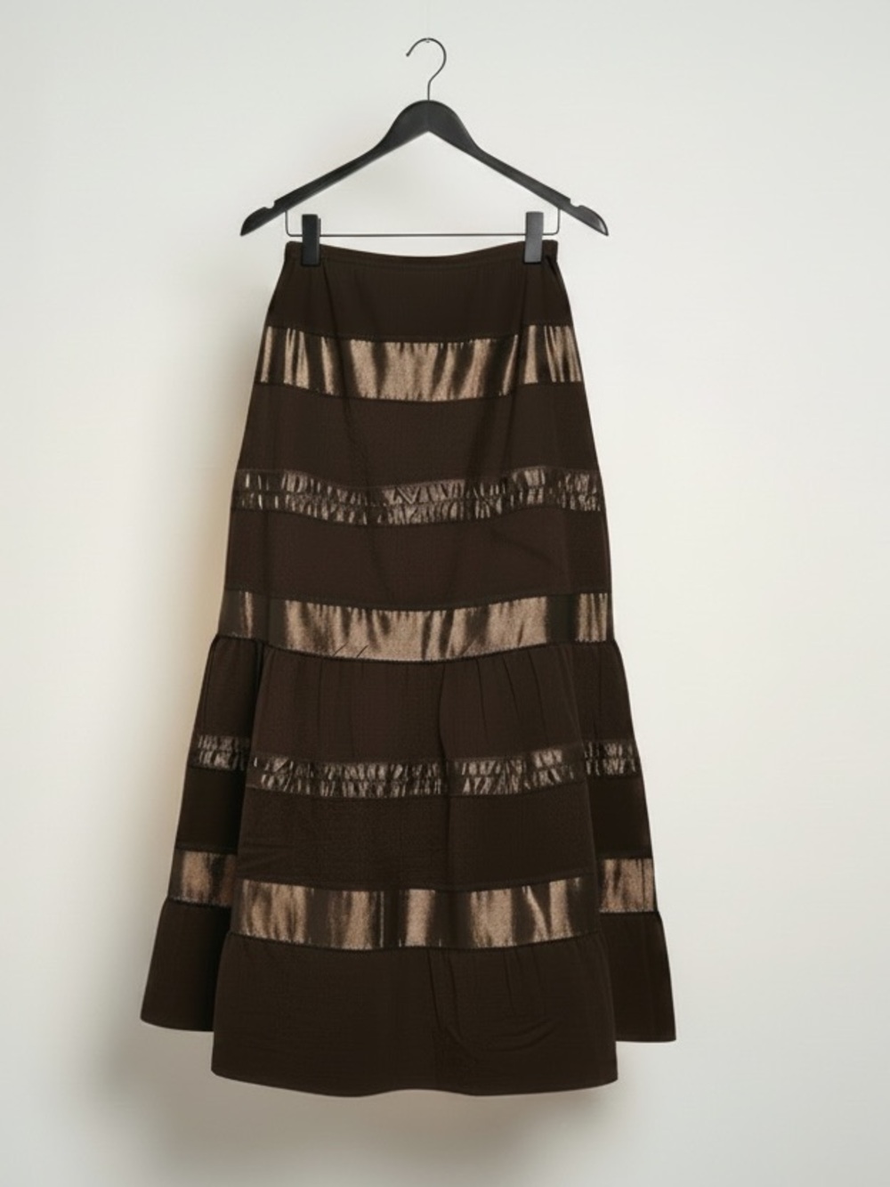 Vtg Chocolate Brown Prairie Style Satin Trim A-Line Midi Skirt